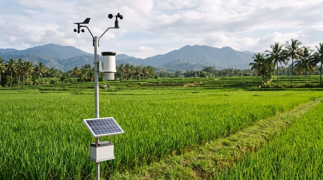 Agricultural weather station with solar panel in lush green rice paddy field with distant mountains