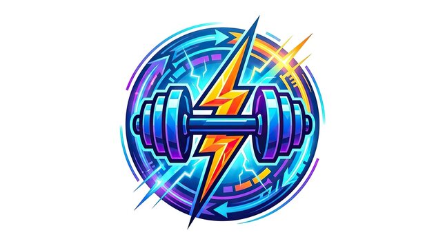 Fitness dumbbell icon with lightning bolt symbol for gym and workout branding design