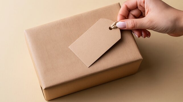 Hand attaching blank tag to brown gift box on neutral background for product photography or packaging design concept.