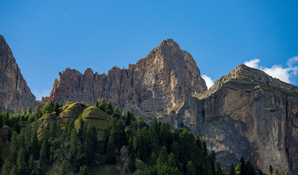 Mountain Cir and Sass Ciampac Alta Badia Valley near Colfosco and Corvara, Dolomites , Trentino, Alto Adige, Sudtirol, South Tyrol, Italy	