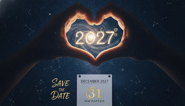 Hands forming a heart shape with sparkling stars and the year 2027 illuminated, calendar page displaying December 31 for New Year's Eve celebration
