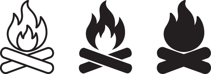 Obraz premium Fire Icon Set with Flames and Logs, Vector Illustration. Camping, Bonfire, Warmth, and Outdoor Activities Concept Design