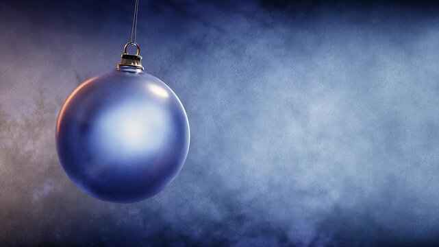Hanging blue Christmas bauble against smoky winter background loop