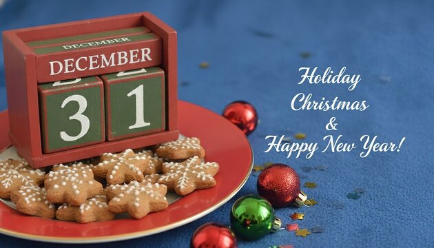 Decorative calendar showing December 31 with gingerbread cookies on a red plate, colorful ornaments scattered on a blue tablecloth for holiday celebrations