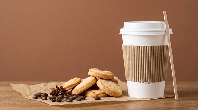 Minimalist coffee paper cup with sleeve and wooden stirrer. Fresh butter cookies and roasted beans on brown background.