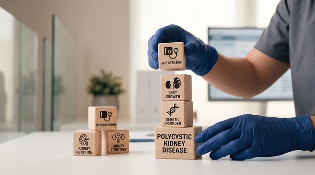 Medical professional stacking wooden blocks with information about polycystic kidney disease and hypertension icons