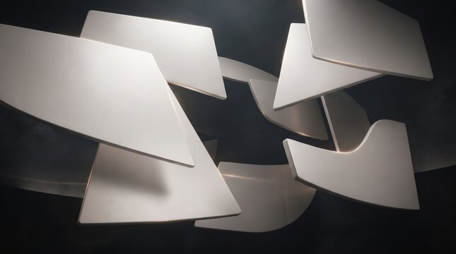 Geometric white decorative panels hover gracefully against a dark background in an abstract modern design.