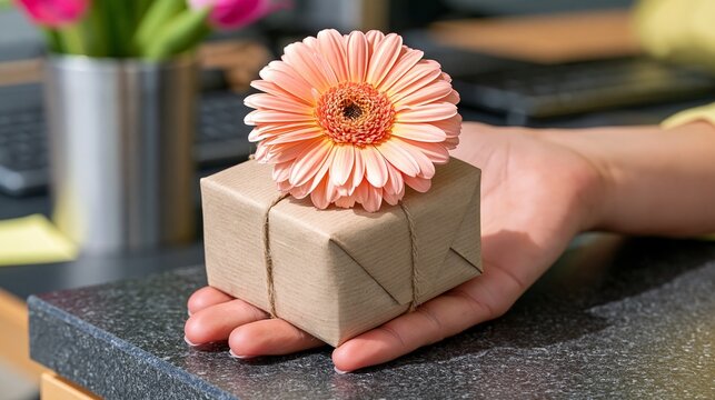 Hand holding small gift box with peach gerbera flower on dark granite desk surface in office setting