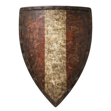 Weathered medieval heater shield with a vertical white stripe and dark brown patina edging isolated on a transparent background