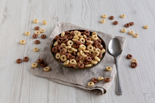 Healthy Breakfast Cereal with Whole Milk in a Bowl, side view.