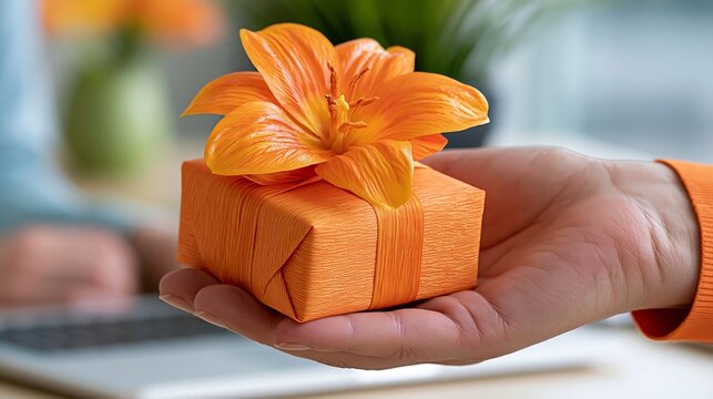 Hand holding small orange gift box with large lily flower on top in office setting