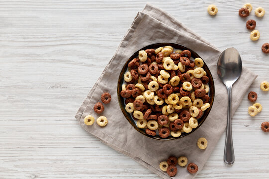 Healthy Breakfast Cereal with Whole Milk in a Bowl, top view. Copy space.