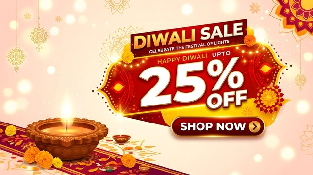 Diwali sale banner with 25 percent discount and diya lamp