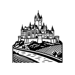 Naklejka premium Majestic Castle on a Hilltop Surrounded by Fields.