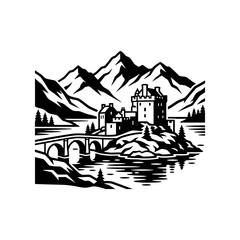Fototapeta premium Majestic Castle on Island with Mountains and Bridge.