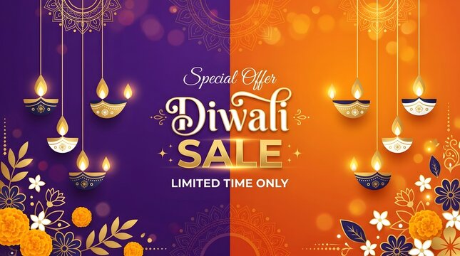 Special offer diwali sale banner with hanging diya lamps