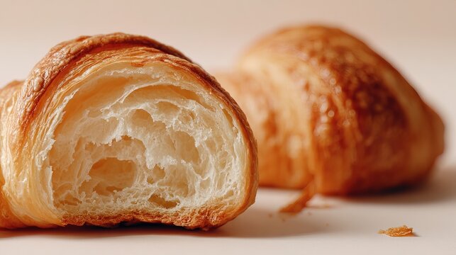 Macro shot of sliced croissant showing airy honeycomb internal texture on neutral studio background. Great for professional baking course website header, food packaging template or grocery store flyer