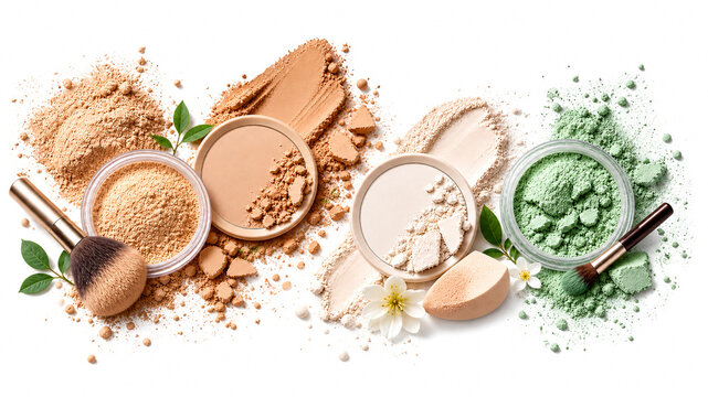 Cosmetics makeup set with face powder foundation brushes and sponge isolated on white background.
