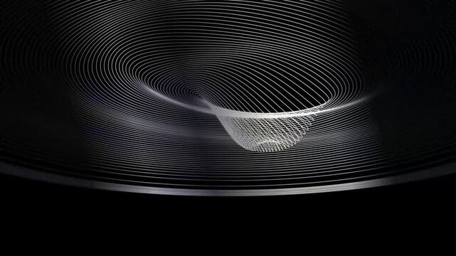 Futuristic white wireframe gravity well animation on a deep black background representing spacetime