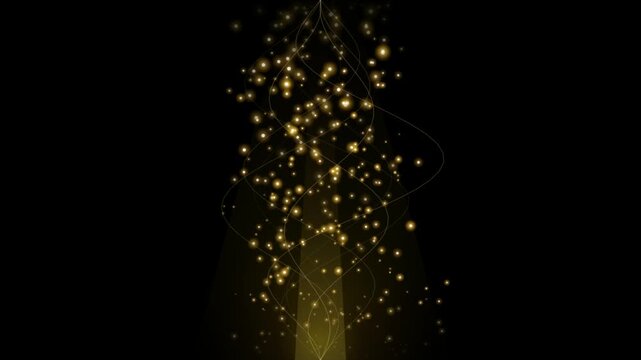 Abstract golden particles swirling upwards with glowing waves on black background creating a magical cinematic holiday motion graphic.