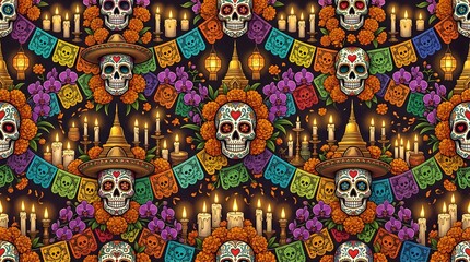Obraz premium Seamless pattern with sugar skulls, marigold flowers, candles, and papel picado banners, Day of the Dead Dia de los Muertos celebration background, generative AI
