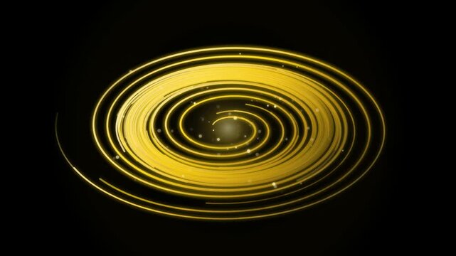 Luminous gold spiral trails orbit central light source on dark background creating dynamic cinematic vortex for luxury motion graphics.