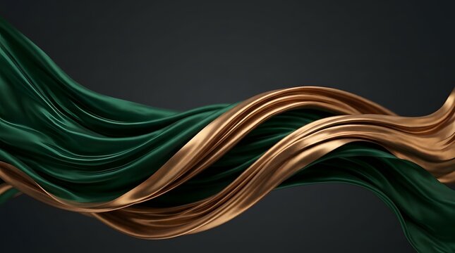 Two smooth  glossy ribbons one emerald green and one golden bronze twist together in an elegant  fluid motion across a dark backdrop  highlighting their rich sheen and flowing form
