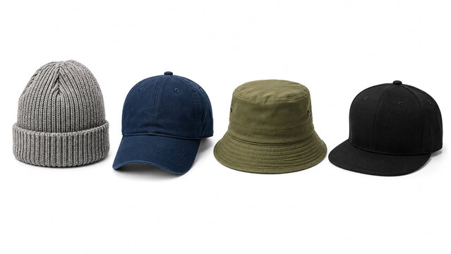 Men casual headwear set with beanie baseball caps and bucket hat isolated on white background.