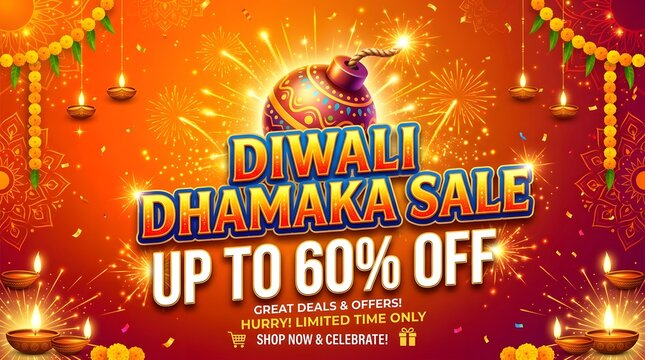 Diwali dhamaka sale banner with firecracker and diya lamps