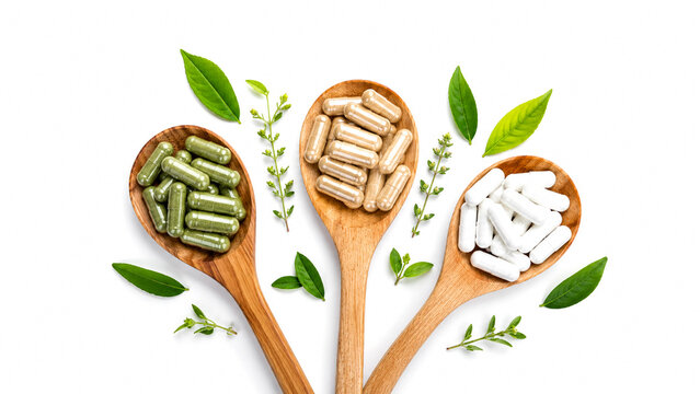 Herbal vitamin capsules in wooden spoons with green leaves isolated on white background.