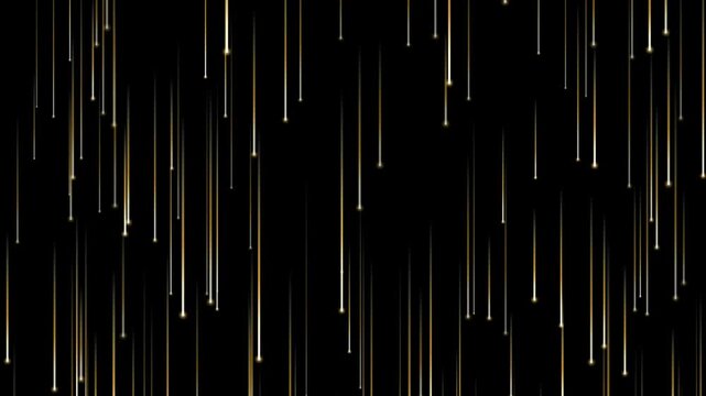 Golden light streaks rain down smoothly against black background creating elegant abstract meteor shower effect for celebratory motion design.
