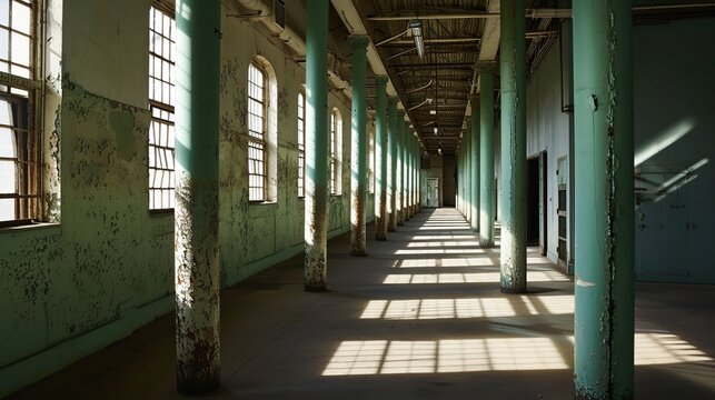 Long Abandoned Industrial Corridor With Sunlight Stripes Casting Through Grimy Windows