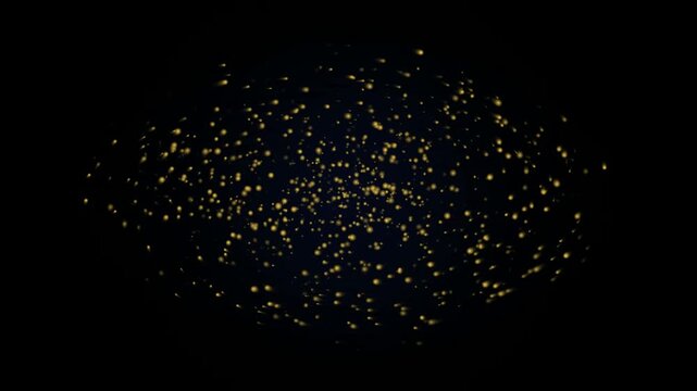 Glowing golden particles swirling in circular vortex motion against black background abstract digital animation loop footage for overlay design.