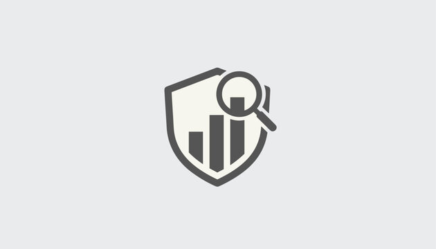 Security audit shield icon featuring business growth bar charts and a magnifying glass on a grey background.
