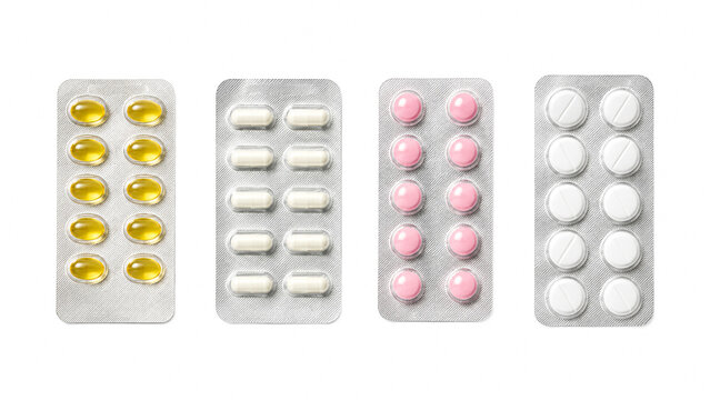 Blister packs with colorful pills capsules and tablets isolated on white background.