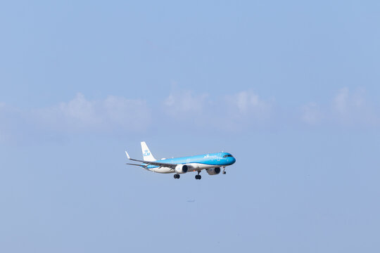 Madrid, Spain - August 23, 2026: An KLM airlines plane taking off from Adolfo Suarez Madrid Barajas Airport in Madrid, Spain.