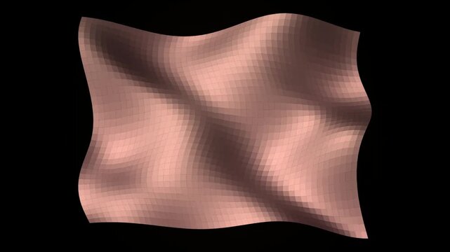 Copper colored mesh grid waving in slow motion against black background creates metallic liquid surface effect for digital backdrop.