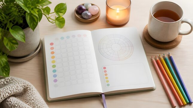 Mental Health Concept with Mood Tracker Journal and Calming Elements