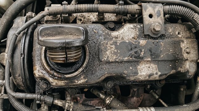 Dirty car engine with oil leak. Greasy valve cover and broken oil filler cap. Close up of old used vehicle motor parts needing repair