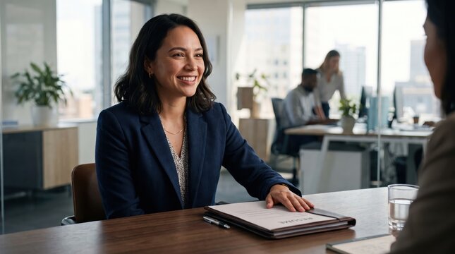 Businesswoman in navy blazer smiles during a job interview at a modern office, with colleagues working in the background and large windows showcasing a city skyline