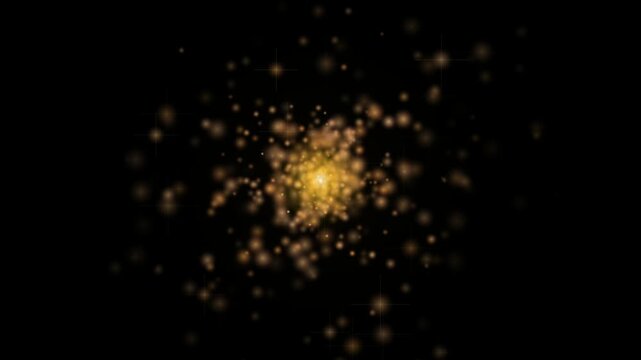 Floating golden particles glowing in circular motion against deep black background creating magical fantasy atmosphere for overlay effects.