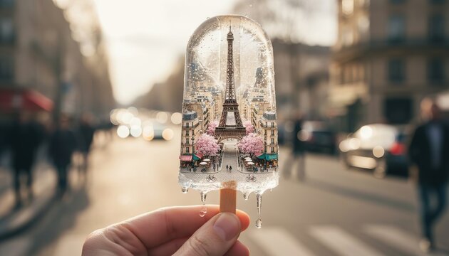 Hand holding a popsicle with an intricate Paris scene inside, featuring the Eiffel Tower and cherry blossom trees, set against a bustling city street background