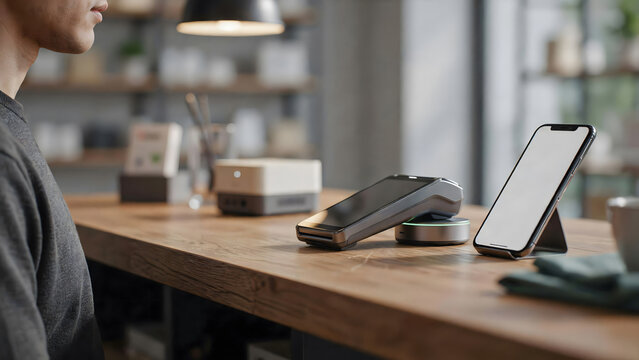 Point of sale terminal and smartphone displaying business analytics on a wooden counter in a modern retail shop with terminal smartphone business