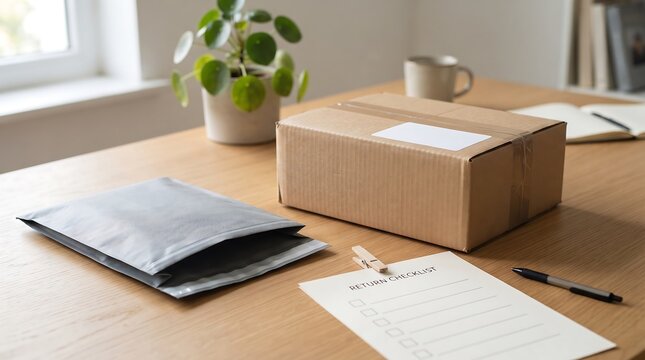 Cardboard shipping box on desk with mailer and notepad