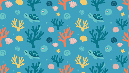 Obraz premium Beautiful seamless child pattern featuring cute cartoon sea turtles, colorful corals and shells on a blue background.