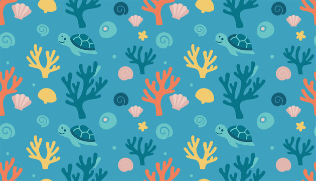 Beautiful seamless child pattern featuring cute cartoon sea turtles, colorful corals and shells on a blue background.