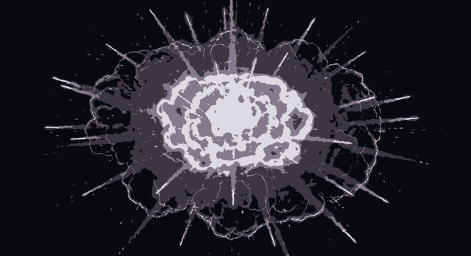 Dynamic pixel art explosion effect isolated on dark background, retro 8-bit game sprite graphic illustration, energy blast boom effect.