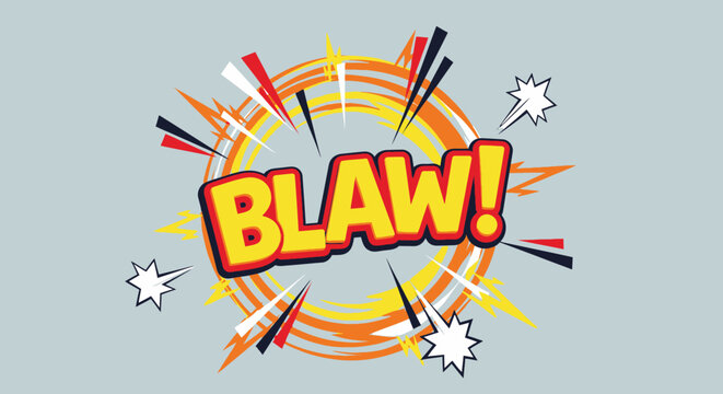 Vector comic book sound effect BLAW text illustration with dynamic explosion burst background element isolated on grey background.