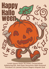 Fototapeta premium walking jack o lantern pumpin mascot for vintage happy halloween poster
