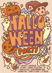 Fototapeta premium halloween party poster hand drawn font with jack o lantern, skull and ghost. bold vintage halloween poster